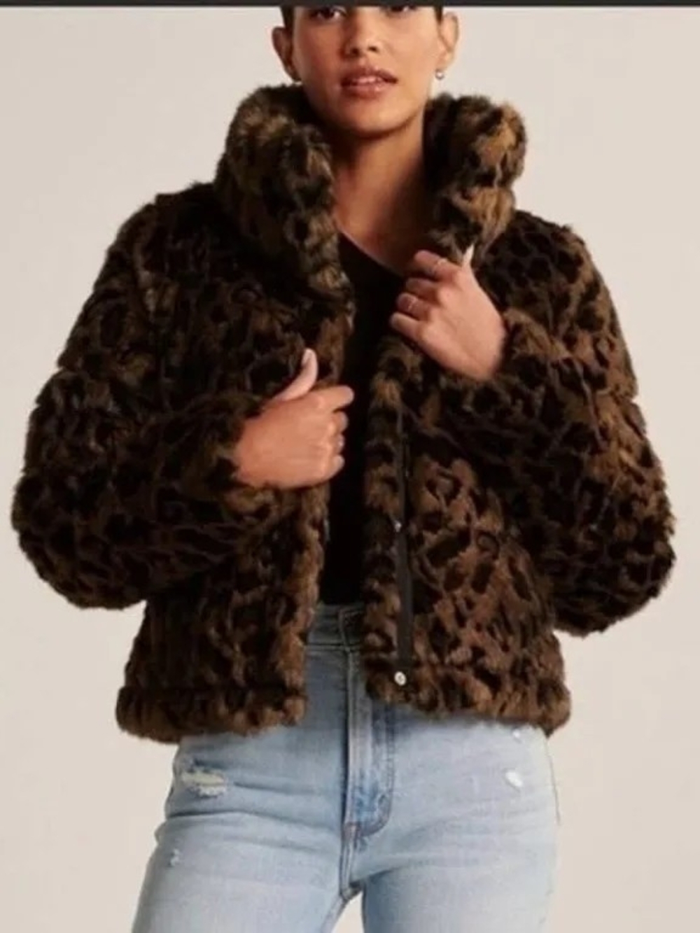 ABERCROMBIE & FITCH FAUX FUR MINI PUFFER, BROWN LEOPARD